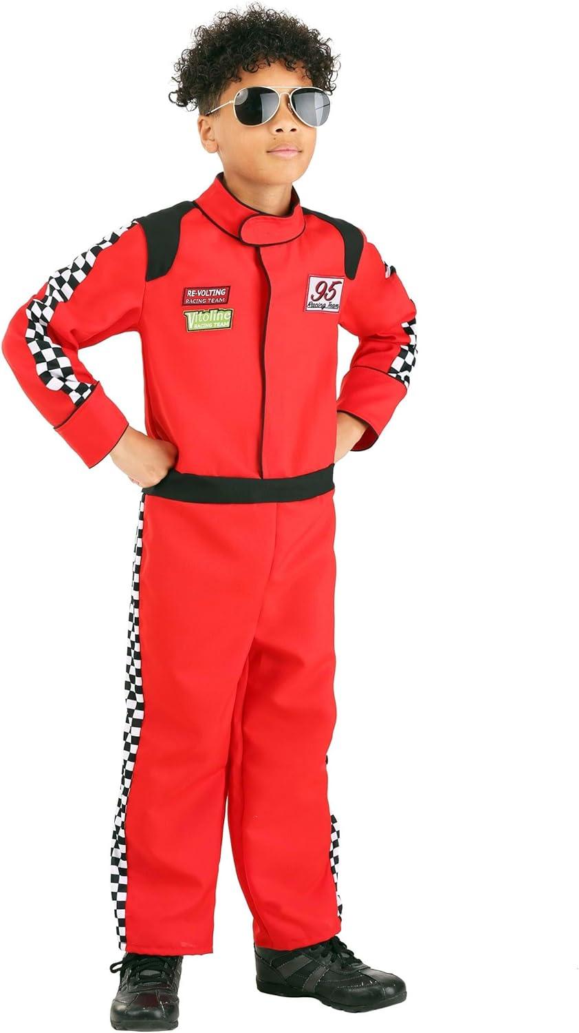 image:imageKids Red Racer Jumpsuit Costume Checkered Side Stripes Embroidered Patches and Easy Closure