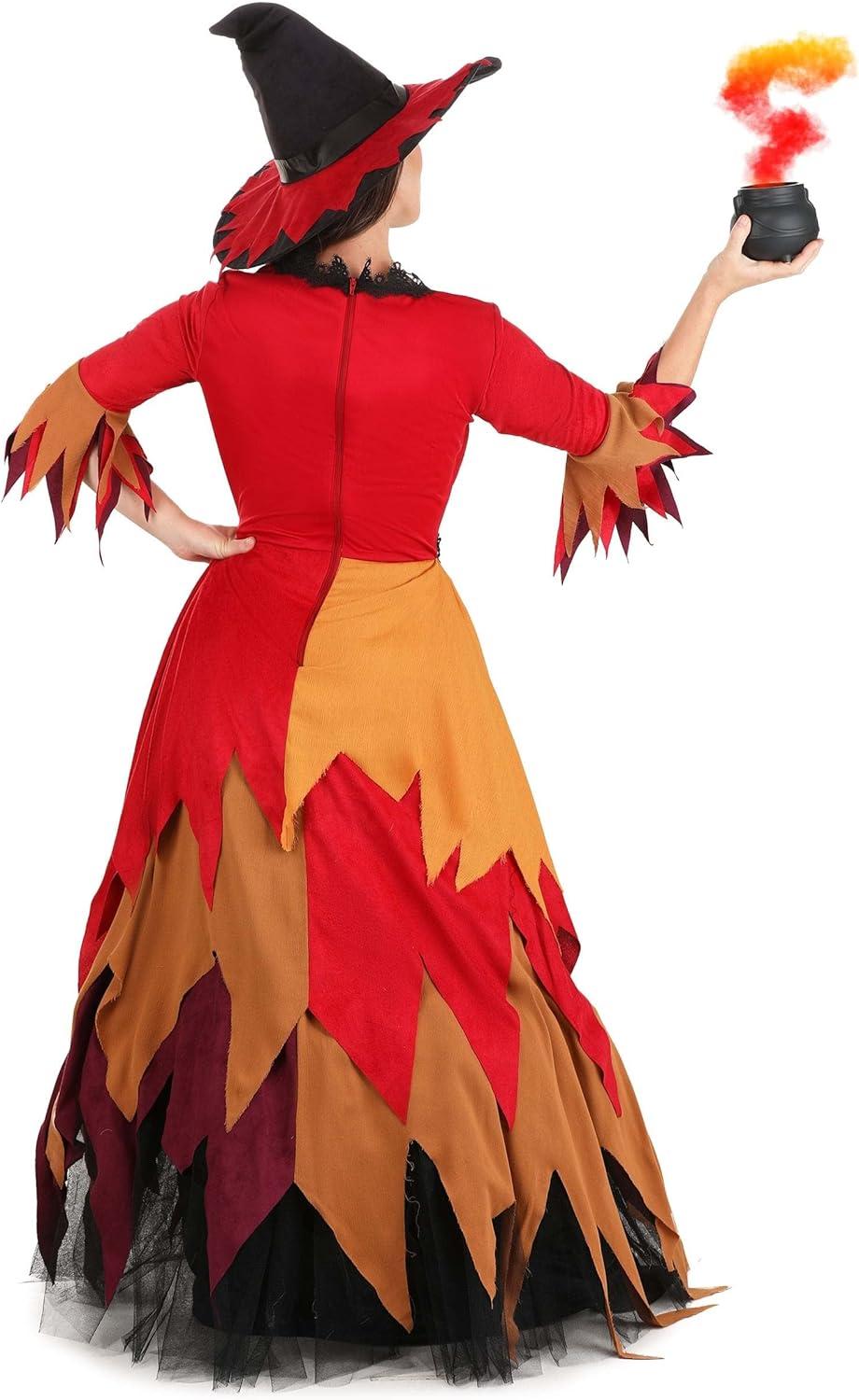 image:imageWomens Autumn Harvest Witch Costume Adult Fall Colors Witchy Halloween Outfit Red Dress with Pointed Hat