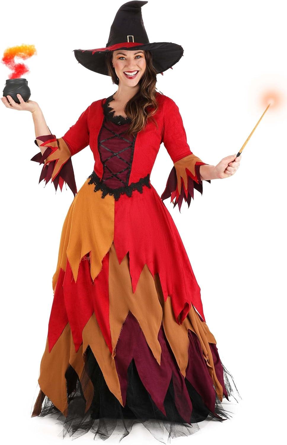 image:imageWomens Autumn Harvest Witch Costume Adult Fall Colors Witchy Halloween Outfit Red Dress with Pointed Hat