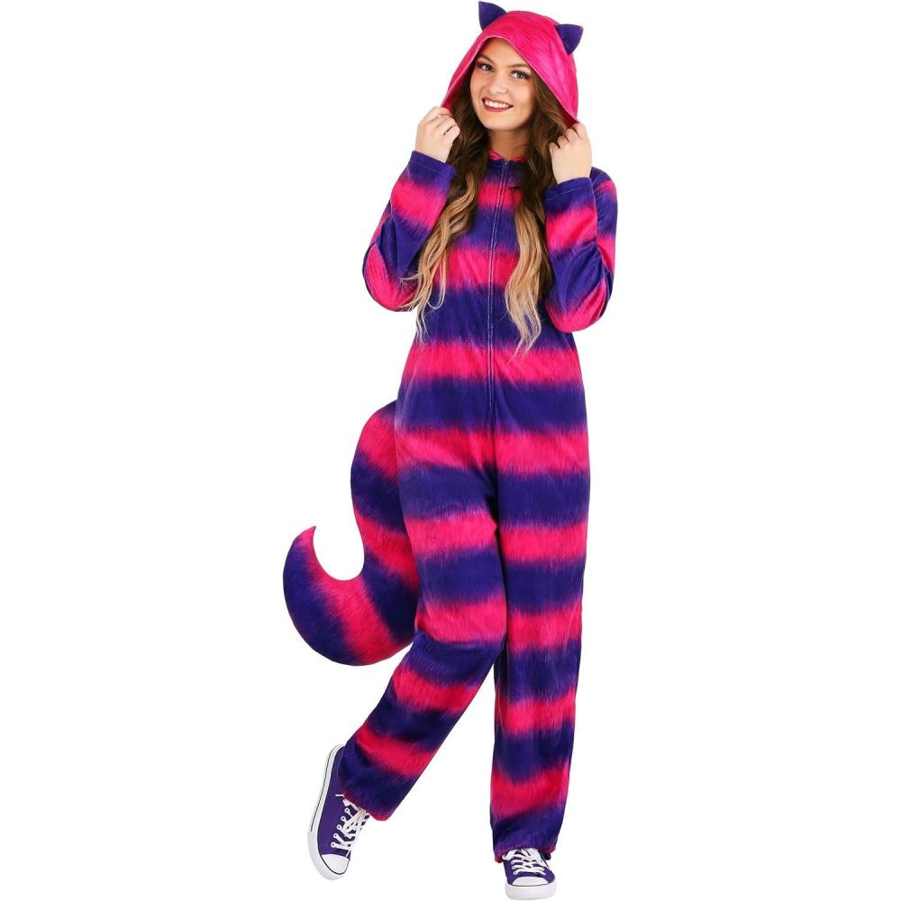 image:imageAdult Cheshire Cat Onepiece Womens Mysterious Grinning Cat Halloween Costume Purple and Pink Animal Bodysuit