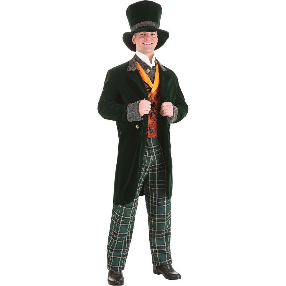 image:imageAlice in Wonderland Mens Mad Hatter Costume with Green Velvet Jacket Pants Orange Vest Ascot amp Top Hat