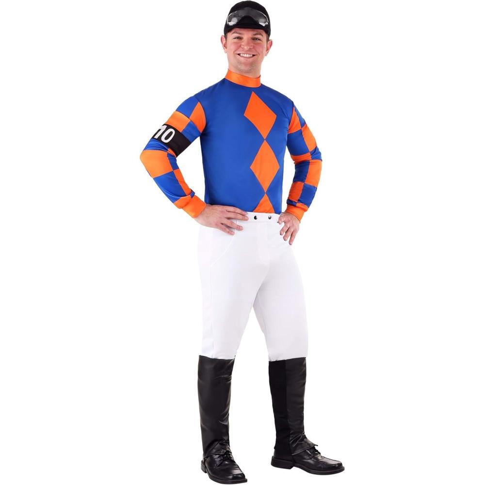 image:imageKentucky Derby Jockey Costume For Men Adult Horse racer Attire wJersey Pants Pair Of Boot Covers Helmet amp Goggles