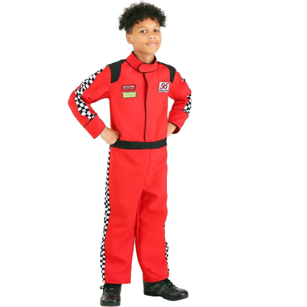 image:imageKids Red Racer Jumpsuit Costume Checkered Side Stripes Embroidered Patches and Easy Closure