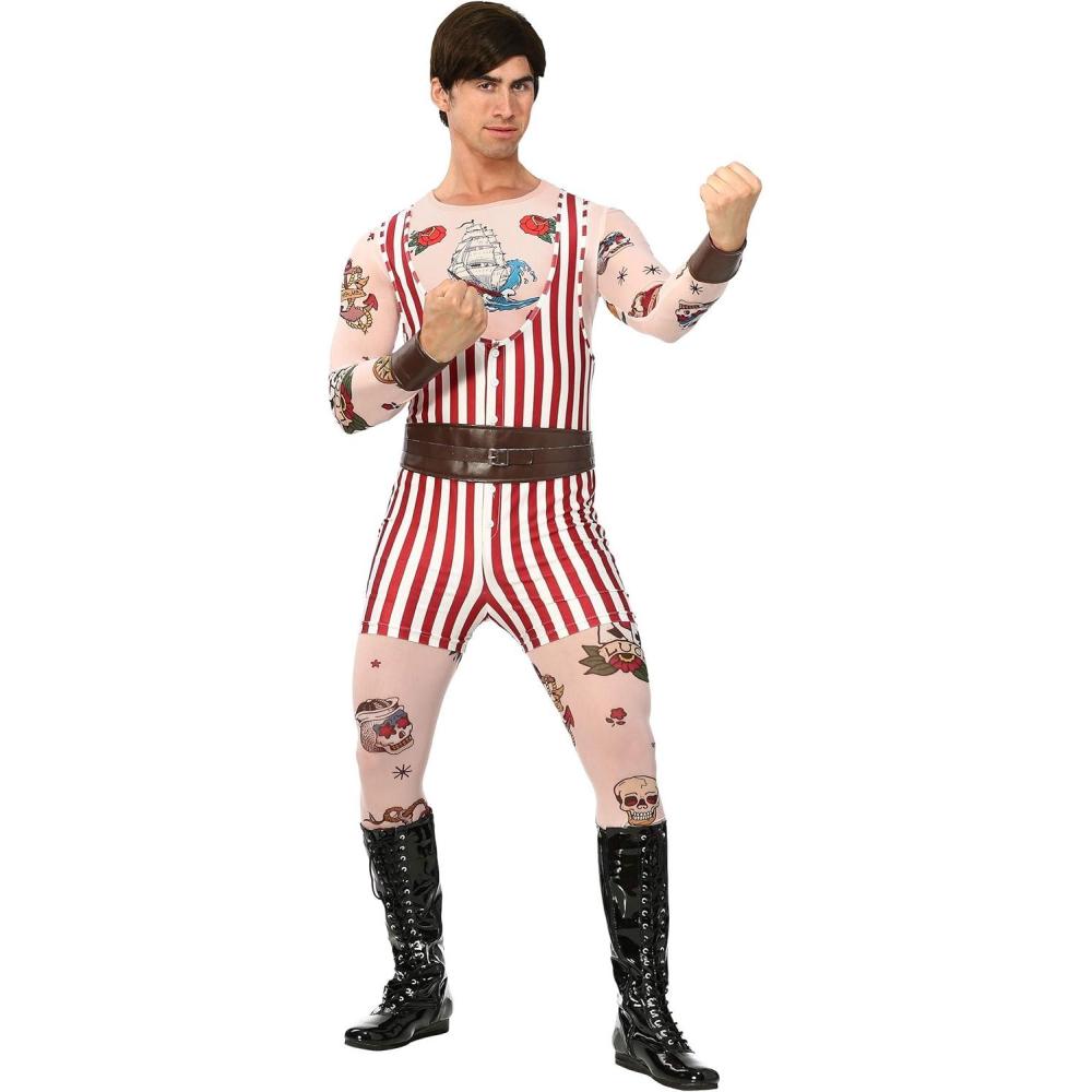 image:imageStrongman Costume for Adults Mens Vintage Red Striped Singlet with Faux Leather Gauntlets and BeltBundle W Weight