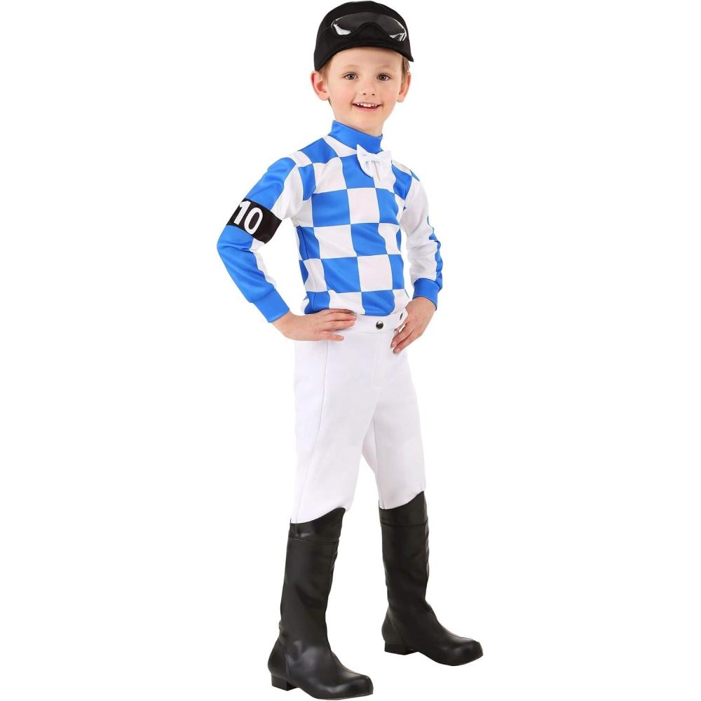 image:imageToddler Horse Racer Costume For Boys Jockey Attire With Checkered Jersey White Pants Racing Helmet And Goggles