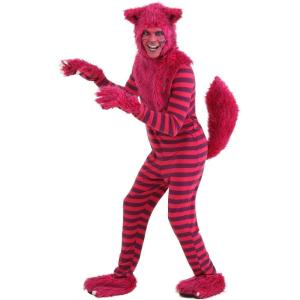 Adult Deluxe Cheshire Cat Costume, Mischievous Wonderland Purple Bodysuit With Faux Fur Hood, Mitts, And Slippers