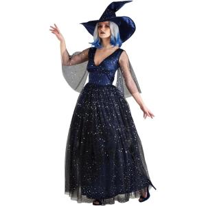 Adult Witch Costume | Sparkly Blue Sorceress Dress, Halloween Outfit with Witch Hat and Shimmering Star Details