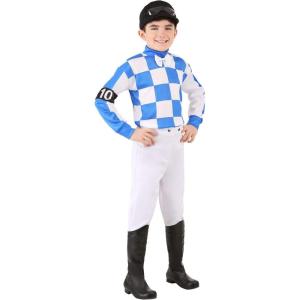 Boy’s Horse Racer Costume, Blue Jockey Attire for Kids With Checkered Jersey, White Pants, Racing Helmet, And Goggles