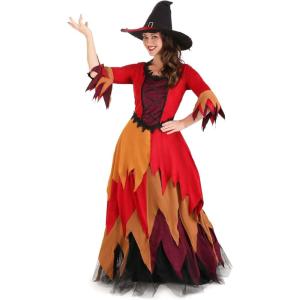 Women’s Autumn Harvest Witch Costume | Adult Fall Colors Witchy Halloween Outfit, Red Dress with Pointed Hat