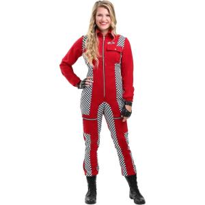 Women’s Plus Size Race Car Driver Costume | Red Jumpsuit With Checkered Panels, Includes Fingerless Gloves