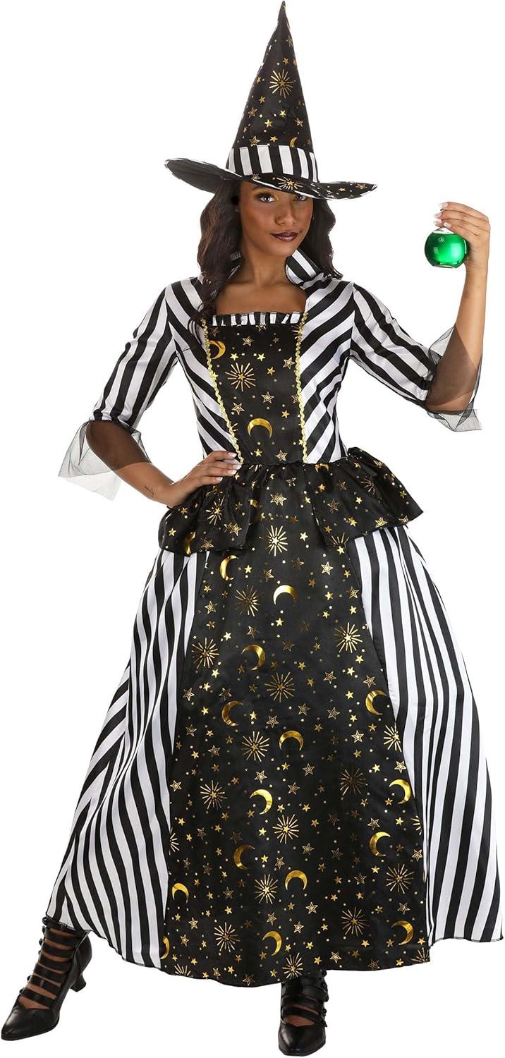 image:imageEnchanting Rococo Witch Costume for Women Adult Moon amp Star Witch Dress amp Hat Black amp White Witch Outfit