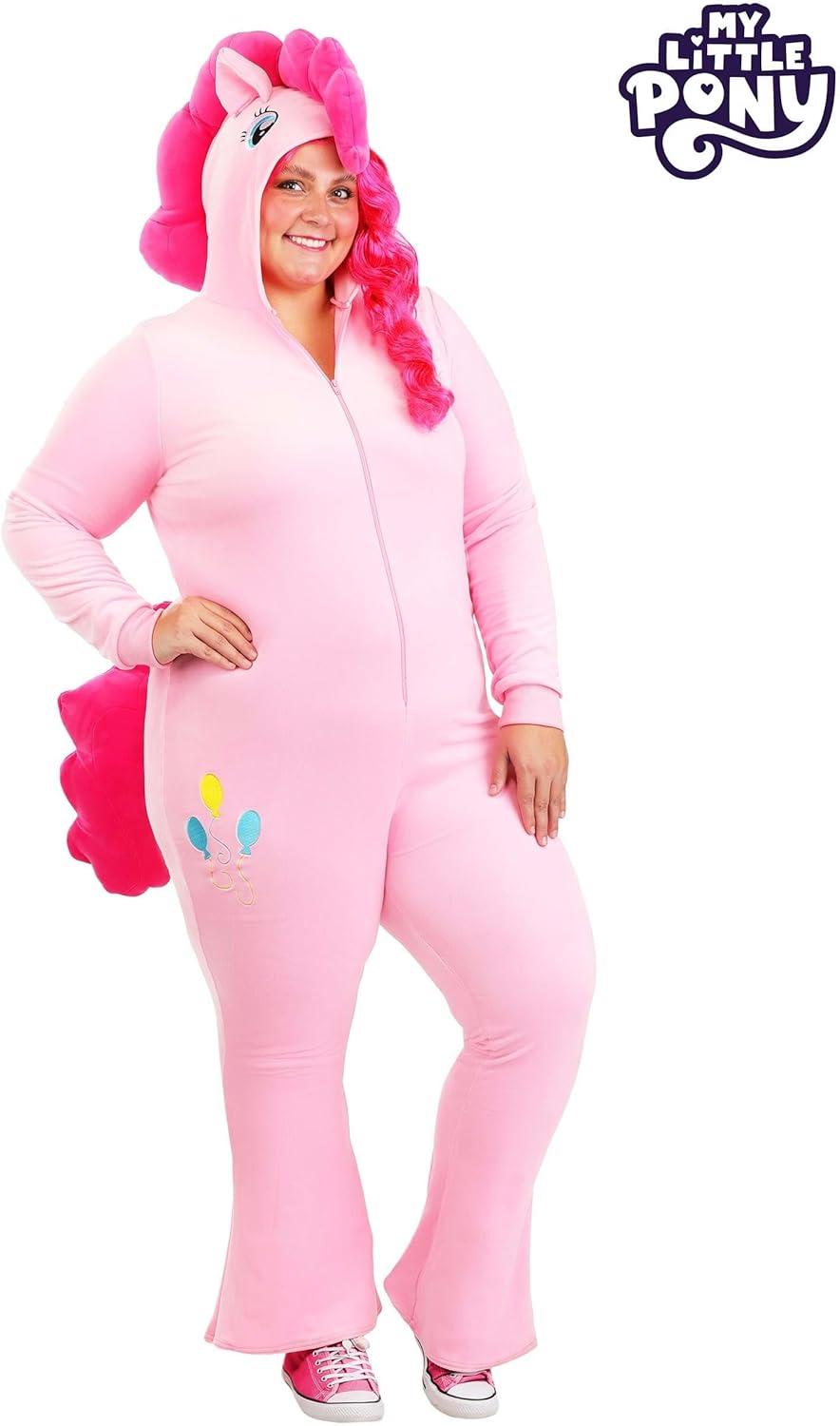 image:imagePlus Size My Little Pony Pinkie Pie Costume for Women Includes Jumpsuit with Attached Hood Mane Tail and Cutie Mark