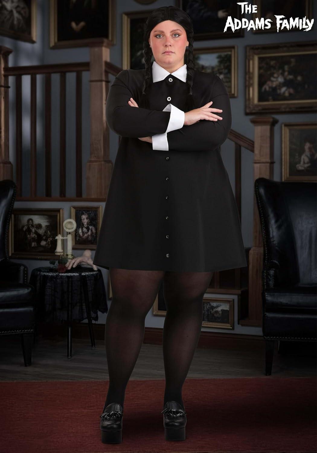 image:imagePlus Size Wednesday Addams Costume for Women 1960s Style Black Dress amp White Collar for Halloween Officially Licensed