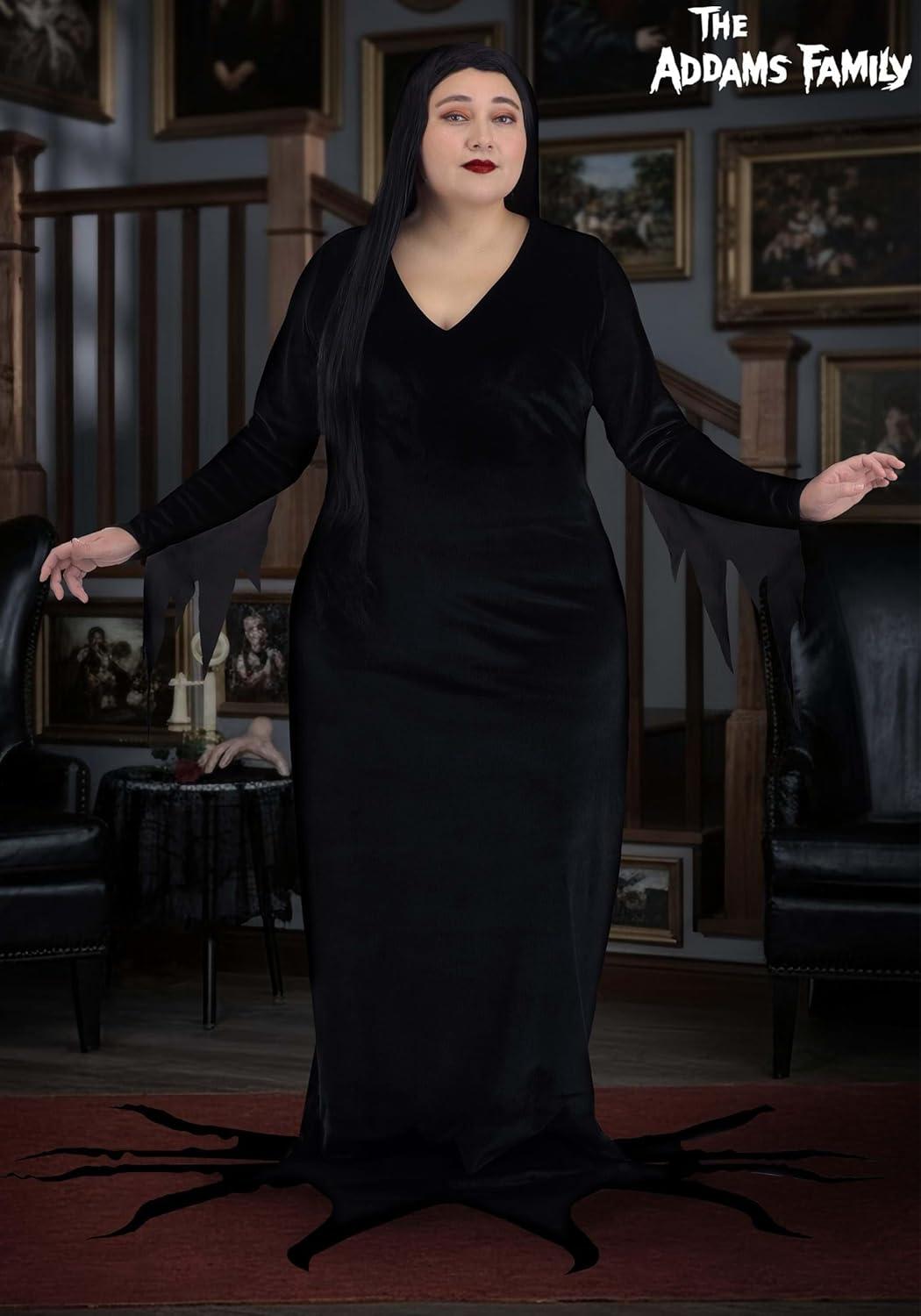 image:imagePlus Size Womens 1960s Morticia Addams Costume Officially Licensed Gothic Dress with Sheer Chiffon Sleeves for Halloween