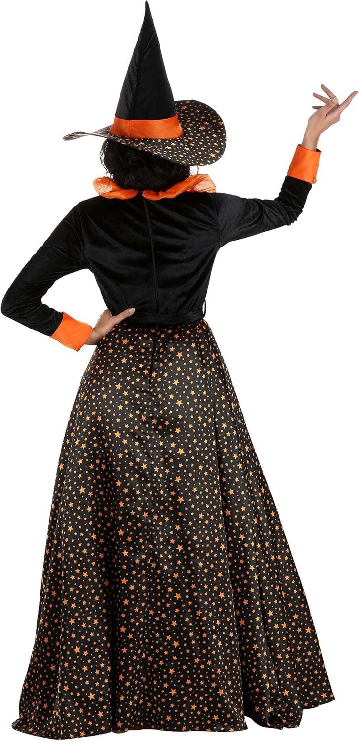 image:imageWomens Colorful Orange Good Witch Costume Adult Satin Dress with Princess Cut Bodice Ruffled Collar Cuffs