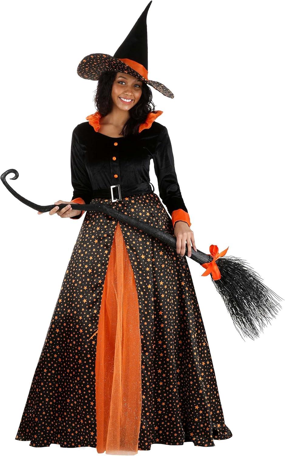 image:imageWomens Colorful Orange Good Witch Costume Adult Satin Dress with Princess Cut Bodice Ruffled Collar Cuffs