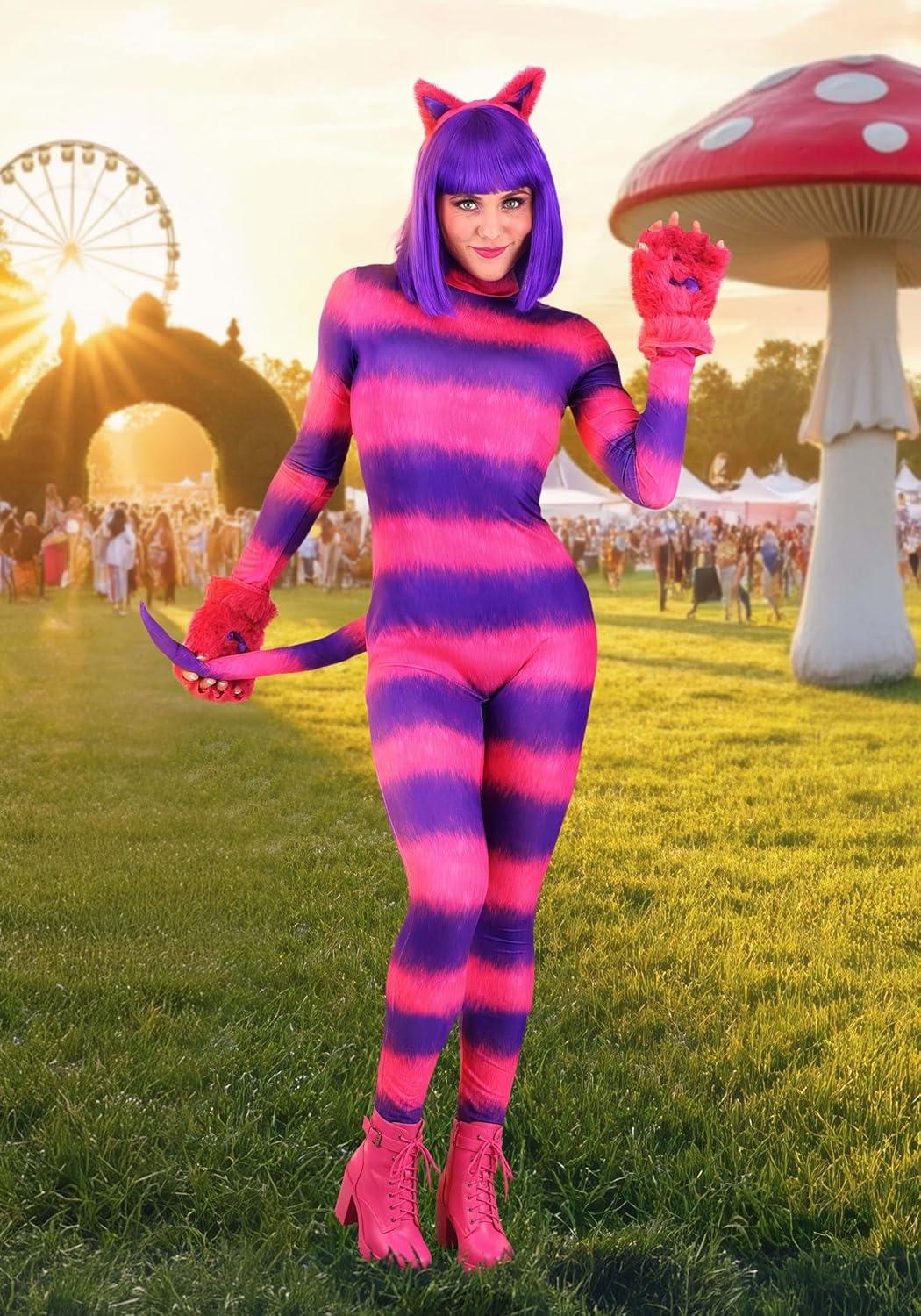 image:imageWomens Sexy Cheshire Cat Bodysuit Costume Wonderland Striped Storybook Cat Bodysuit wTail Ears amp Gloves