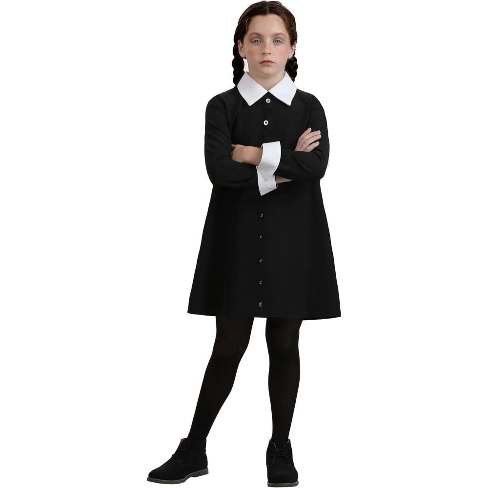 image:image1960s Wednesday Addams Halloween Costume for Girls with Classic Black Dress amp White Collar Officially Licensed