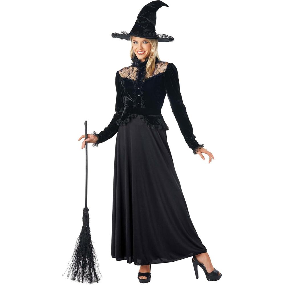 image:imageBlack Lace Witch Dress Costume for Adult Women with Hat Velvet Bodice and Lace Details