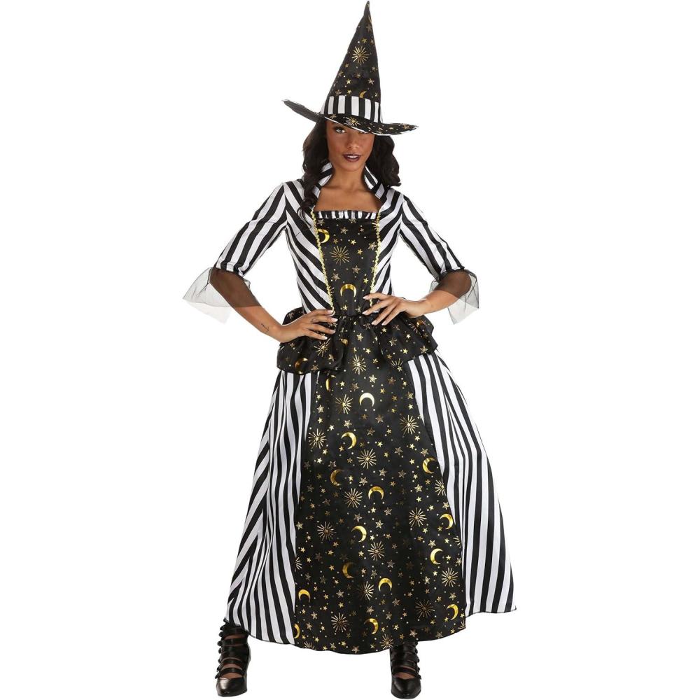 image:imageEnchanting Rococo Witch Costume for Women Adult Moon amp Star Witch Dress amp Hat Black amp White Witch Outfit