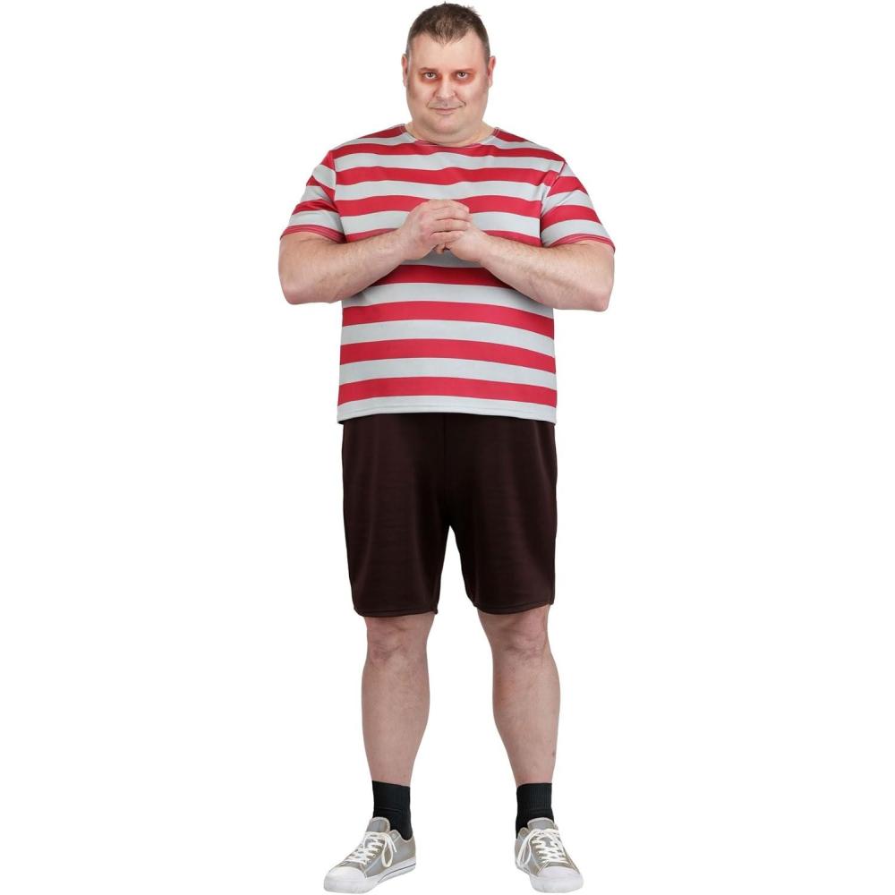image:imagePlus Size Mens Addams Family Pugsley Costume Adult Striped Shirt with Shorts for Halloween Cosplay