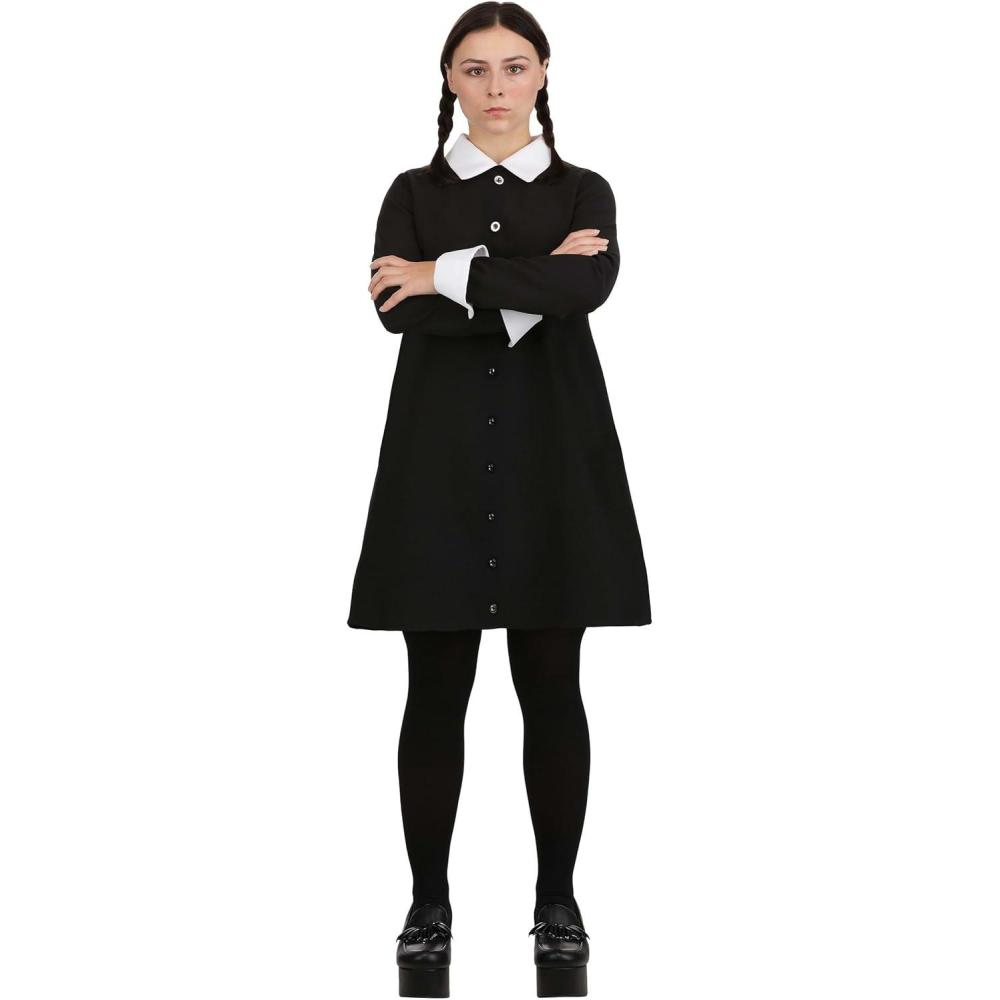 image:imageWednesday Addams Costume for Women 1960s Style Black Dress with White Collar for Halloween Officially Licensed