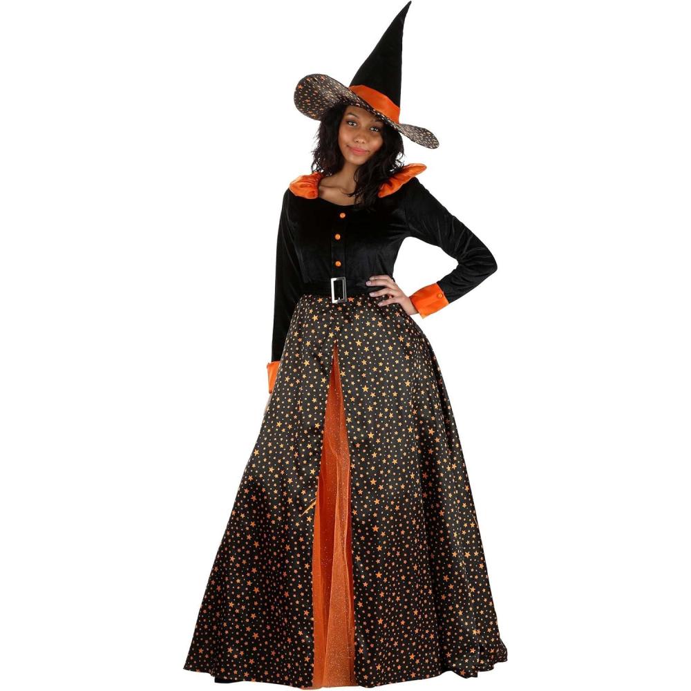 image:imageWomens Colorful Orange Good Witch Costume  Adult Satin Dress with Princess Cut Bodice Ruffled Collar Cuffs