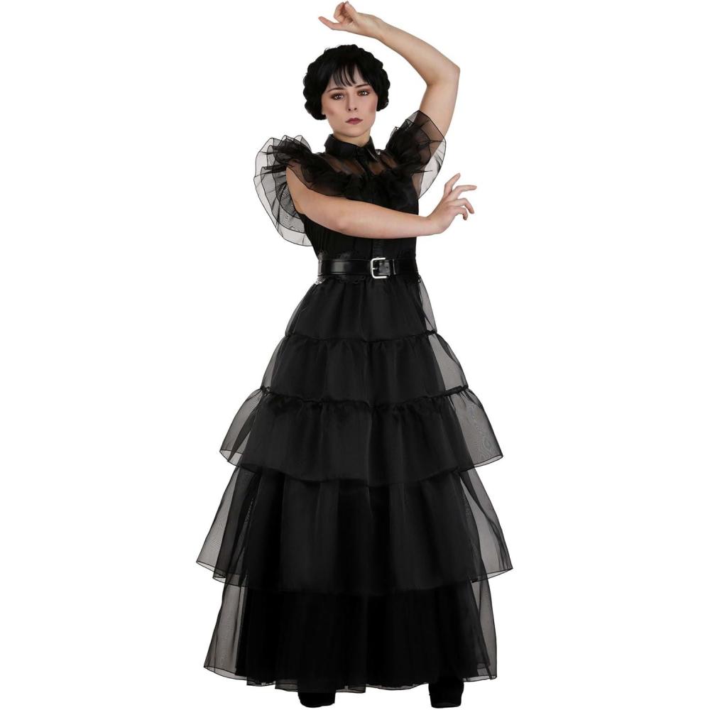 image:imageWomens RaveN Dance Wednesday Addams Costume Dress for Adults Faux Leather Belt Organza Skirt for Halloween