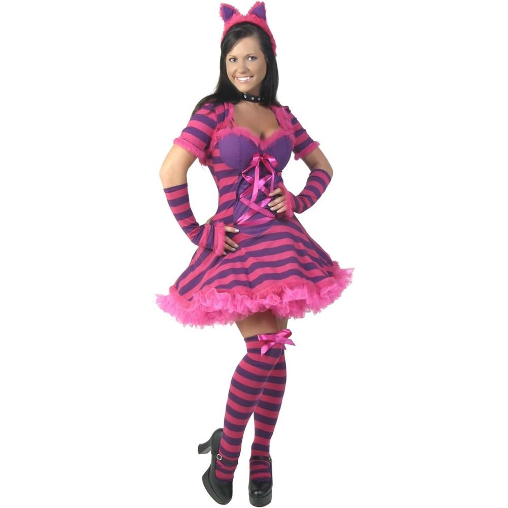 image:imageWomens Sassy Wonderland Cat Halloween Costume  Adult Pink Striped Dress with Shrug Headband Choker Wristlets amp StockingsCostume