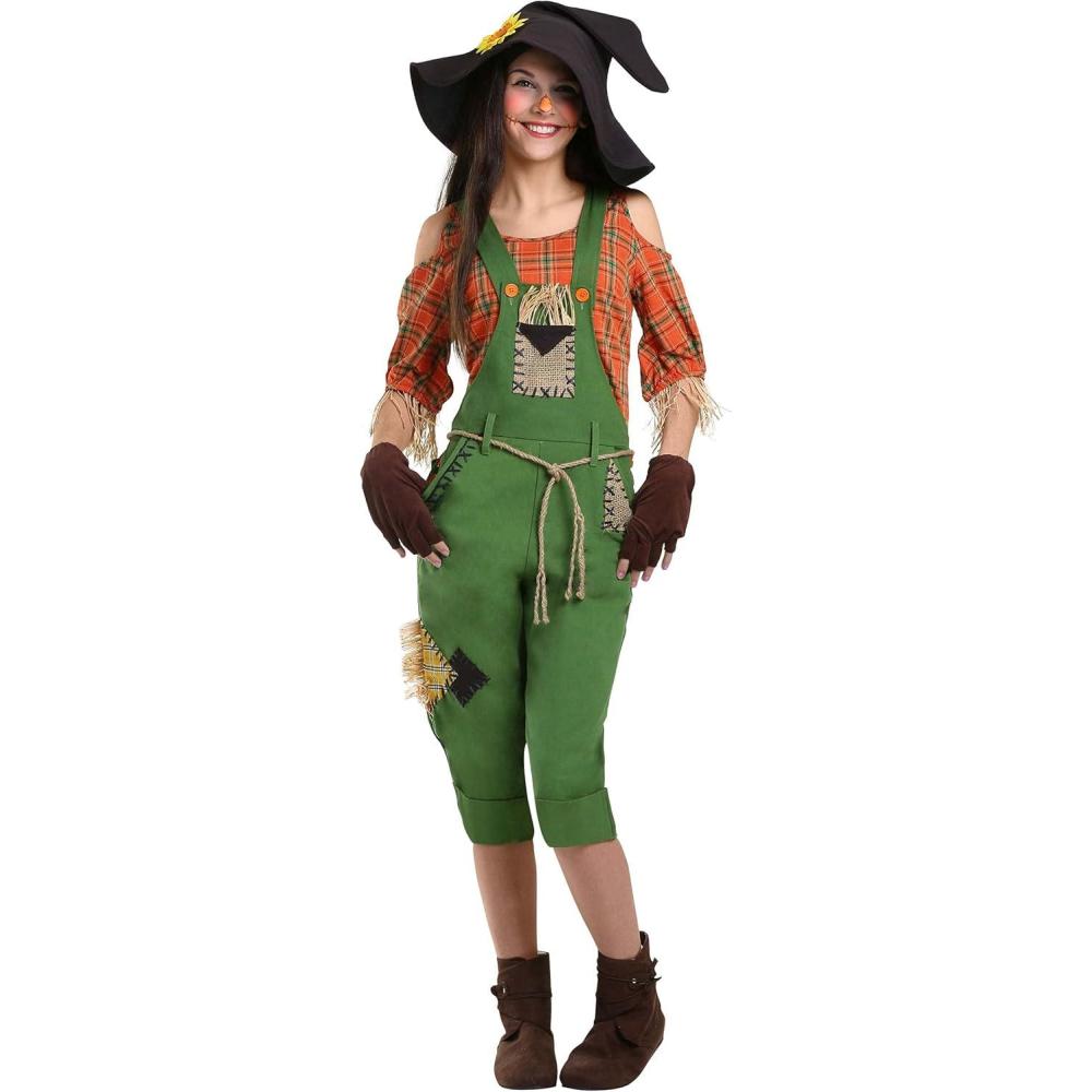 image:imageWomens Scarecrow Halloween Costume Outfit Sunflower Hat and Gloves Shirt Capri Overalls amp Rope BeltScarecrow Costume  Green