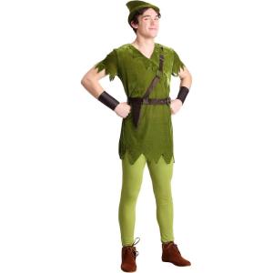 Adult Classic Peter Pan Costume Mens, Fantasy Neverland Lost Boy Green Halloween Outfit(Bundle W/ Toy Dagger)