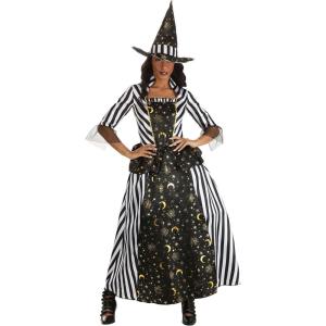 Enchanting Rococo Witch Costume for Women – Adult Moon & Star Witch Dress & Hat – Black & White Witch Outfit