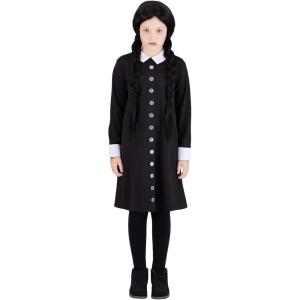 Girls Addams Family Wednesday Costume Black Dress with White Collar and Cuffs, Classic TV Character Outfit