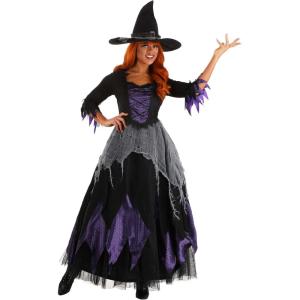 Midnight Purple Witch Women’s Costume Ankle-Length Gown, Tattered Sleeves, Cheesecloth Skirt, Witch Hat