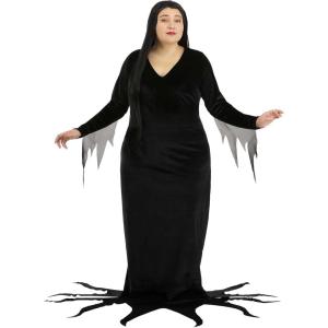 Plus Size Womens 1960s Morticia Addams Costume Officially Licensed Gothic Dress with Sheer Chiffon Sleeves for Halloween