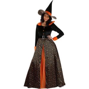 Women’s Colorful Orange Good Witch Costume | Adult Satin Dress with Princess Cut Bodice, Ruffled Collar, Cuffs