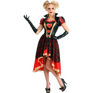 Women’s Dark Queen of Hearts Halloween Costume Satin Dress with Lace Overlay Bolero Jacket Gloves