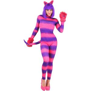Women’s Sexy Cheshire Cat Bodysuit Costume – Wonderland Striped Storybook Cat Bodysuit w/Tail, Ears & Gloves