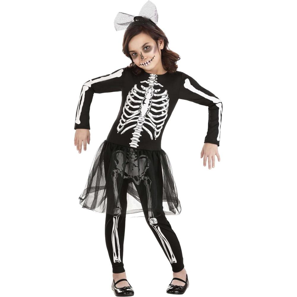 image:imageGirls Skeleton Costume with Tulle Skirt Jumpsuit Headband and Bone Details