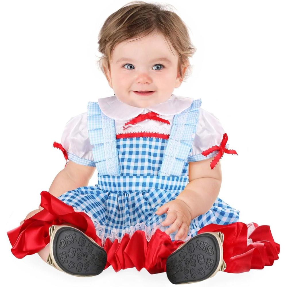 image:imageInfant Dorothy Farm Girl Costume Dress Gingham Pinafore Over Satin Blouse Ruffled Lace amp Satin Edging