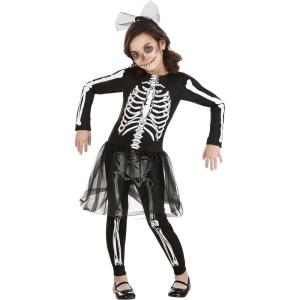 Girl’s Skeleton Costume with Tulle Skirt Jumpsuit, Headband, and Bone Details
