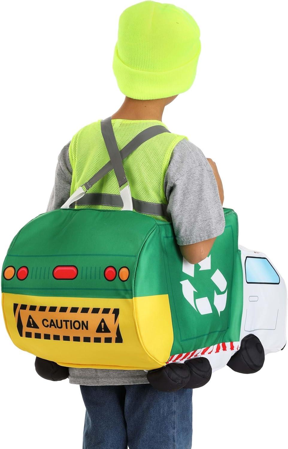 image:imageKids Garbage Truck Costume Outfit Includes Yellow Vest Soft RideIn Vehicle And Hat With Recycling Symbol