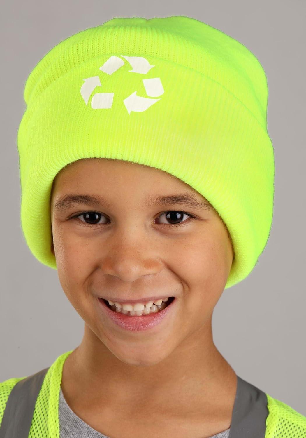 image:imageKids Garbage Truck Costume Outfit Includes Yellow Vest Soft RideIn Vehicle And Hat With Recycling Symbol