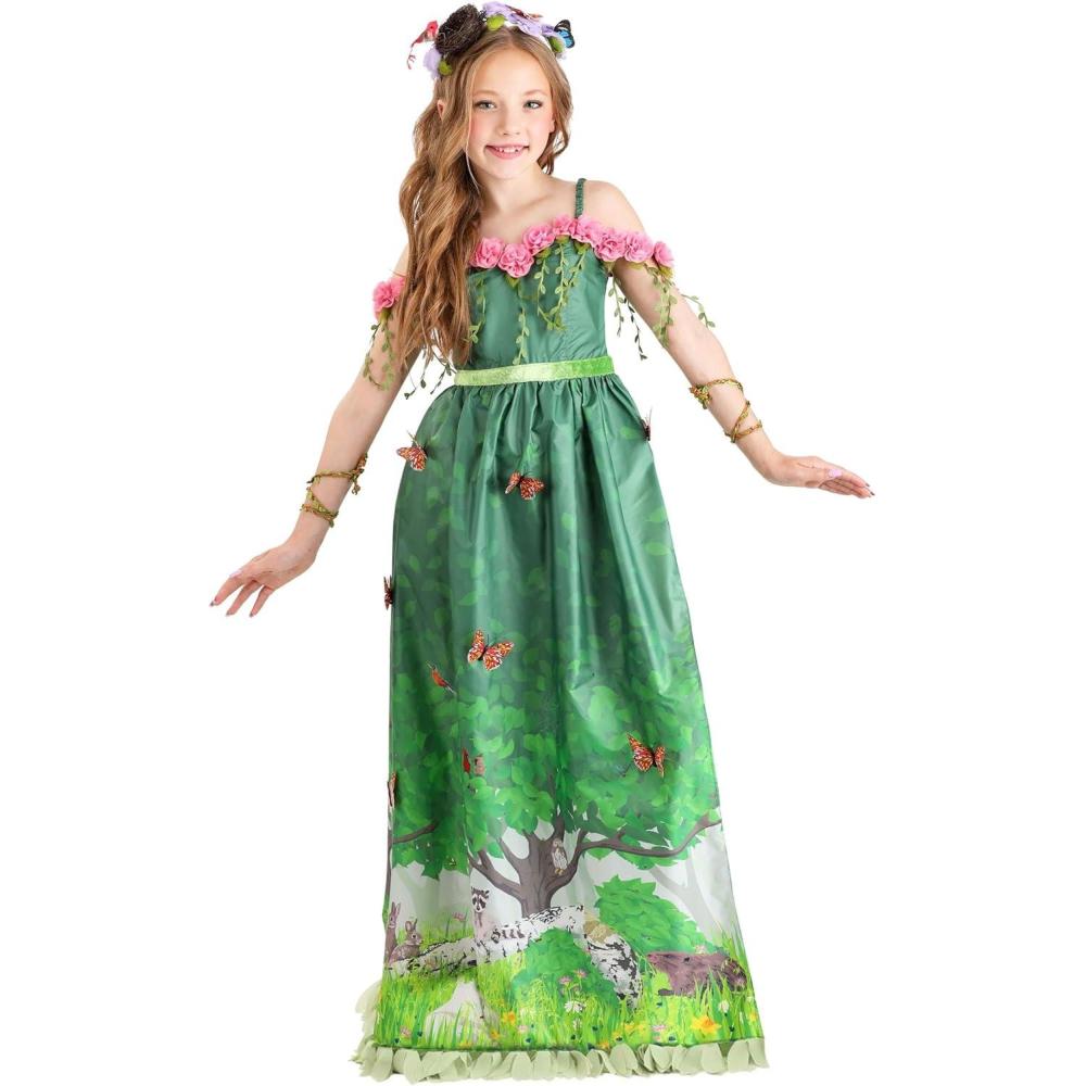 image:imageGirls Mother Nature Costume Dress with Floral Headband Arm Ties amp Leg Wraps Kids Enchanted Forest Outfit