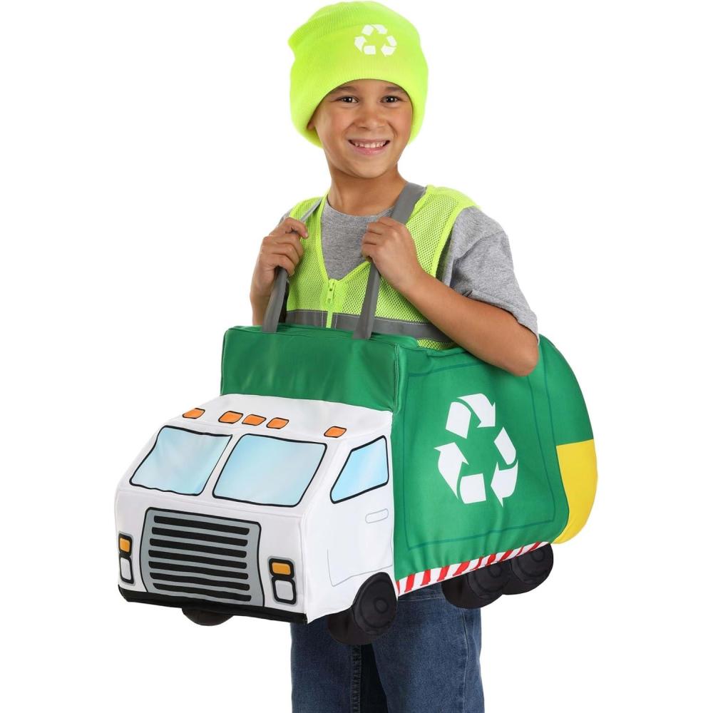 image:imageKids Garbage Truck Costume  Outfit Includes Yellow Vest Soft RideIn Vehicle And Hat With Recycling Symbol