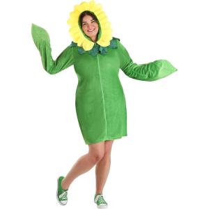 Blossoming Flower Hoodie Dress, Plus Size Halloween Costume, Zip Up Outfit With Leaf-Shaped Wrist Coverings