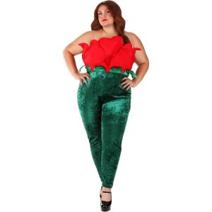 Women’s Plus Size Red Rose Costume | Romantic Pretty Flower Jumpsuit with Back Zipper