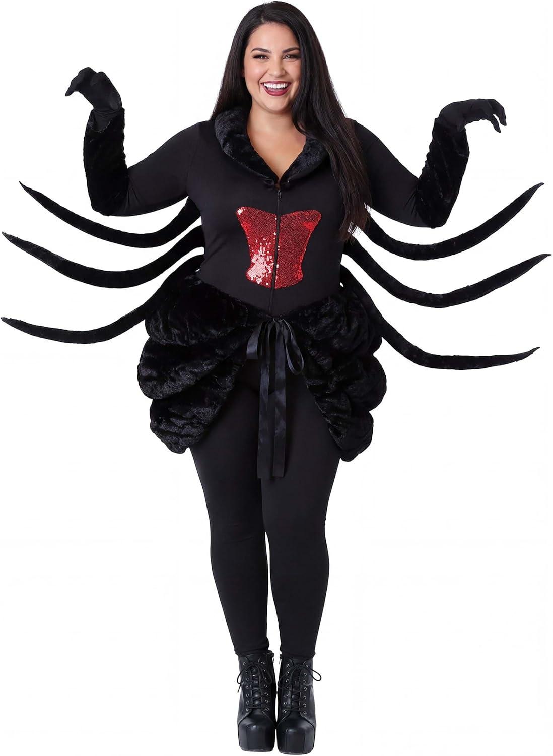 image:imageBlack Widow Costume for Women Plus Size Velvet Bodysuit with Bustle Skirt Spider Legs Red Hourglass