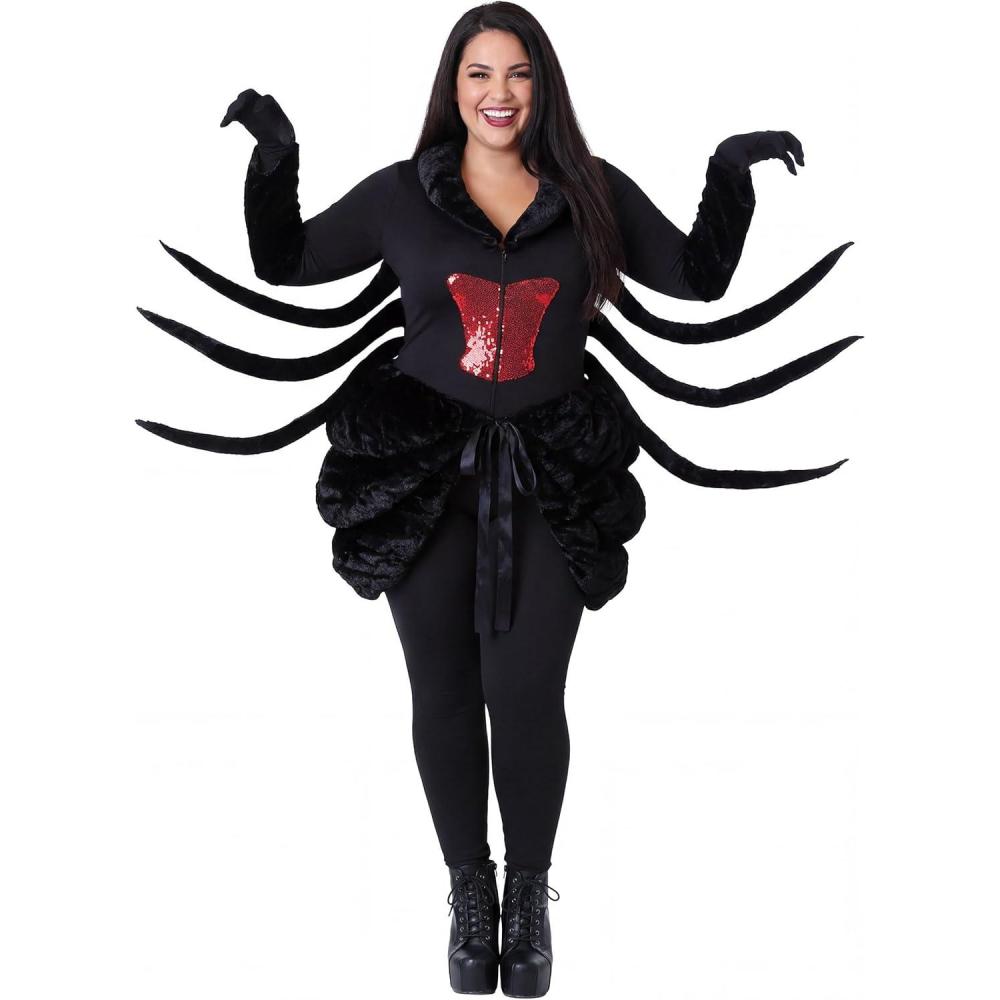 image:imageBlack Widow Costume for Women Plus Size Velvet Bodysuit with Bustle Skirt Spider Legs Red Hourglass