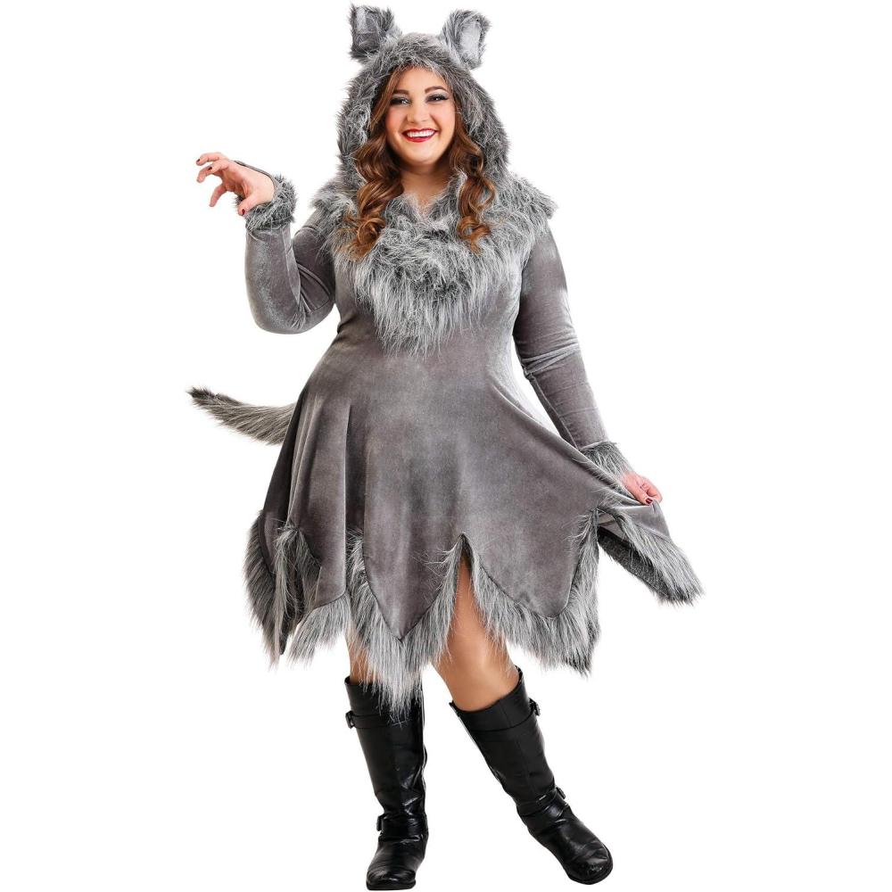 image:imageWomens Fierce Wolf Costume  Wild Animal Dress With Hood And Tail  Wilderness Outfit For Halloween and CosplayGray